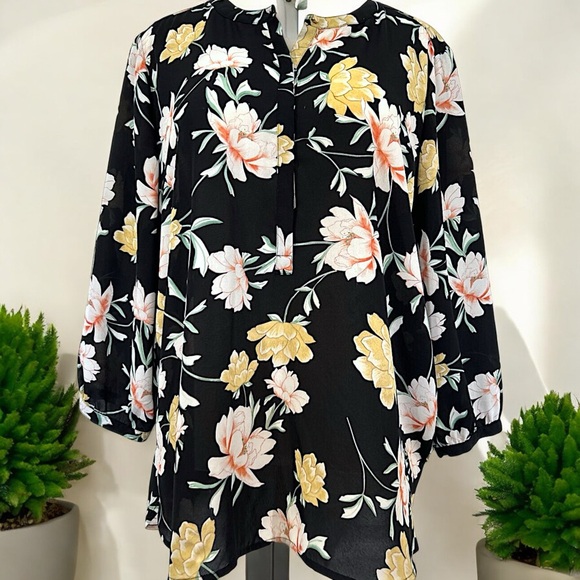 JM Collection Lotus Flower Floral Pleated Tunic Blouse Crepe Polyester Top - Picture 13 of 16